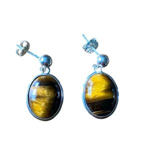 Tiger Eye Oval Teardrop Stud Dangle Earrings 926 Sterling Silver Posts Artisan
